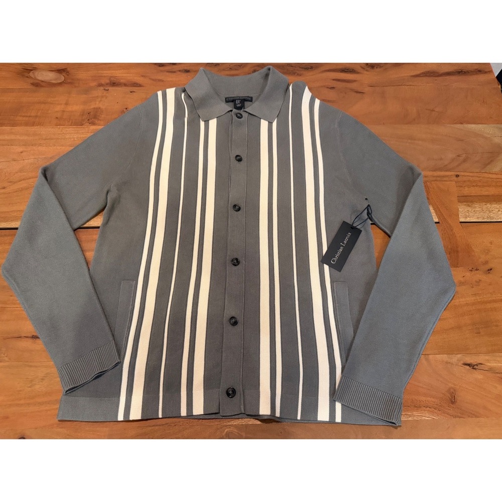 Christian Lacroix Grey Green Striped Button Front Knit Cardigan Sweater Size M